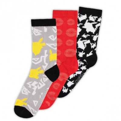 Mode 3 paires de Chaussettes BASSES - POKEMON - TAILLE 39/42 (Pikachu Gris Jaune, Pokeball Rouge,  Pikachu Noir Blanc)